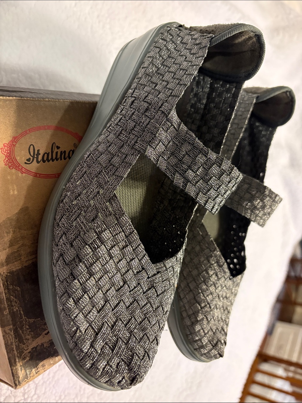 Italina Stretch-Weave Mary Jane Flats in Gray